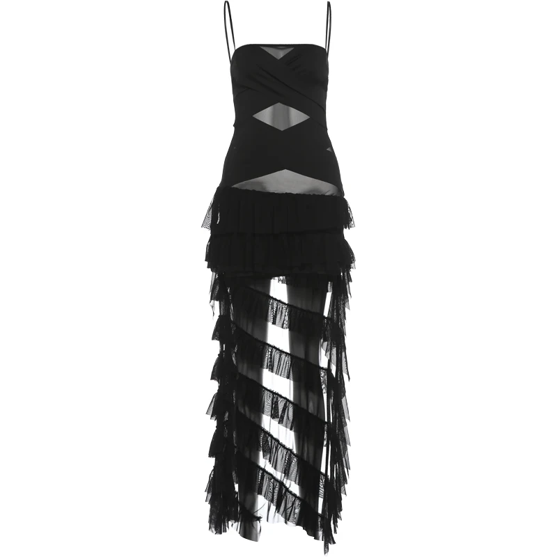 Weird Puss Tiered Kleid Damen Patchwork Mesh Unregelmäßiger Saum Ärmellos Figurbetont Sexy Midnight Hottie Mode Dinner Party Bodycon – Detail 2