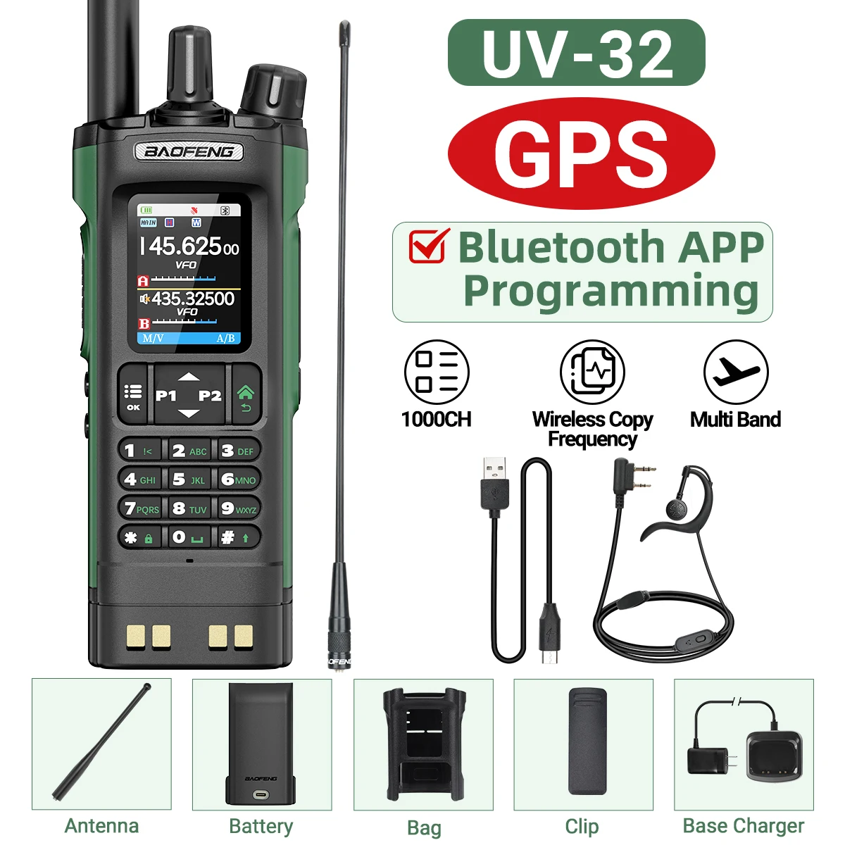 BAOFENG UV-32 GPS Walkie Talkie 10W Multi Band Bluetooth Programmering Draadloze Kopieerfrequentie NOAA Lange afstand Ham Two Way Radio