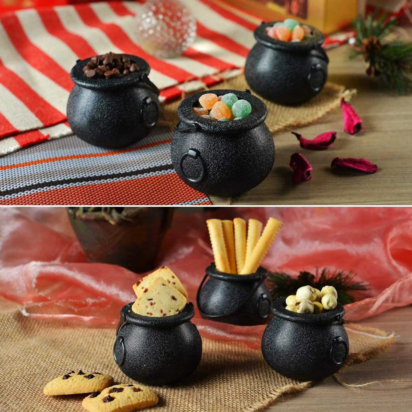 A74E-72 Pack Plastic Black Witch Candy Bowls Cauldrons,Pot With Handle ,For Halloween, Easter, St Patrick's Day Party Favors