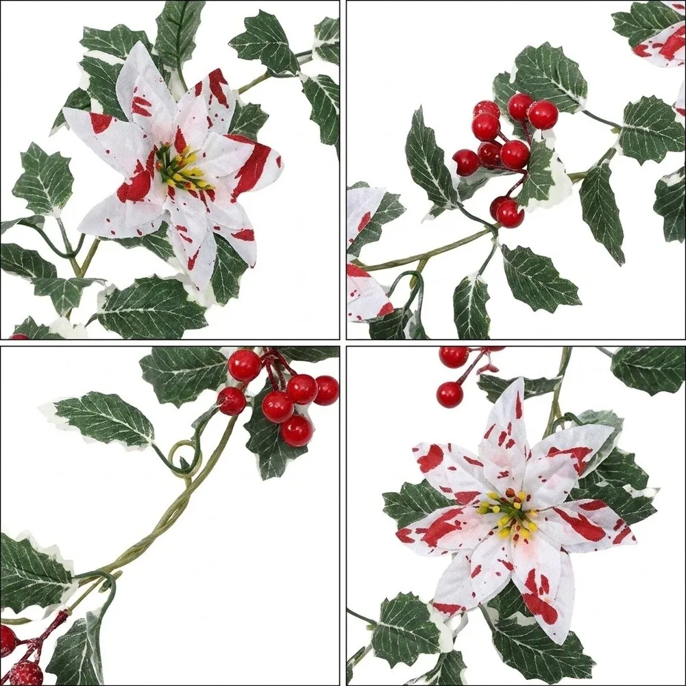 175cm Christmas Poinsettia Garland with Lifelike Red and White Berries for Indoor Holiday Decor Mantel Staircase and Table