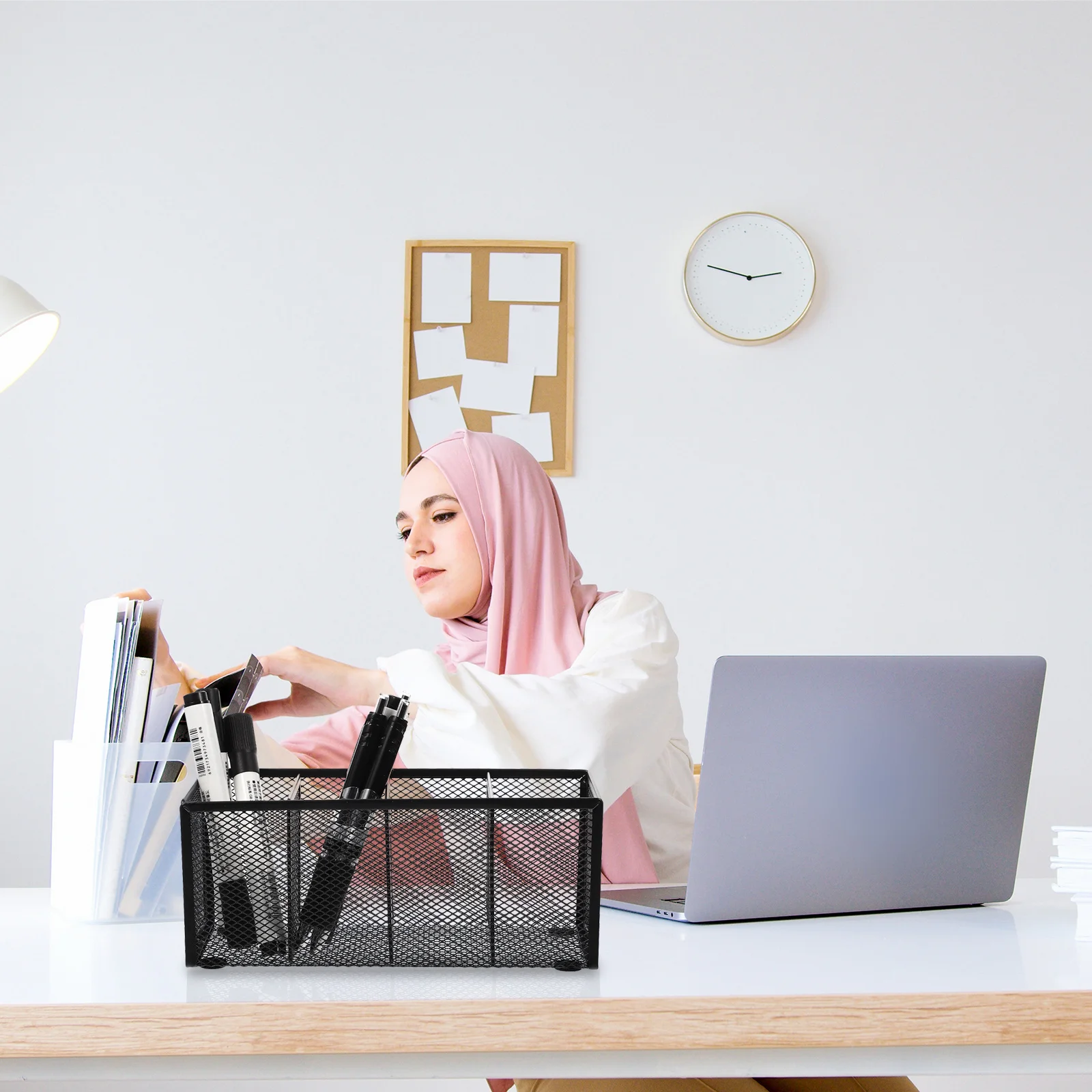 

Desk Organizer with 4 Sections Black Metal Mesh Pencil Holder for Office Home Makeup Brushes Stationery Storage Solution