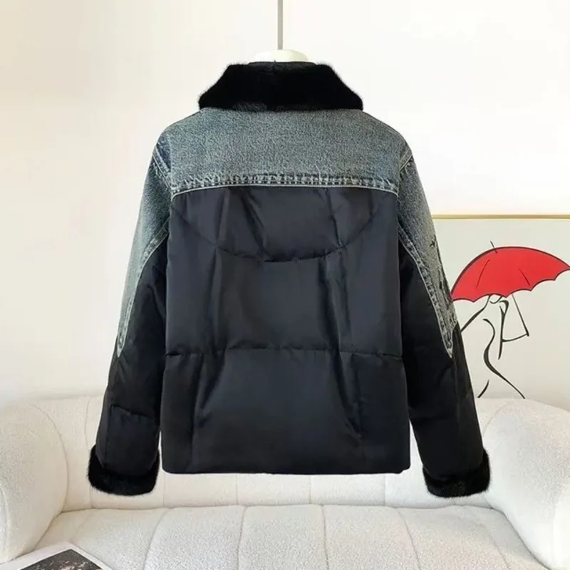 ANJY automne hiver nouvelles femmes Chic Denim broderie Patchwork conception col de fourrure doudoune à la mode élégant ajustement rembourré manteau A15720