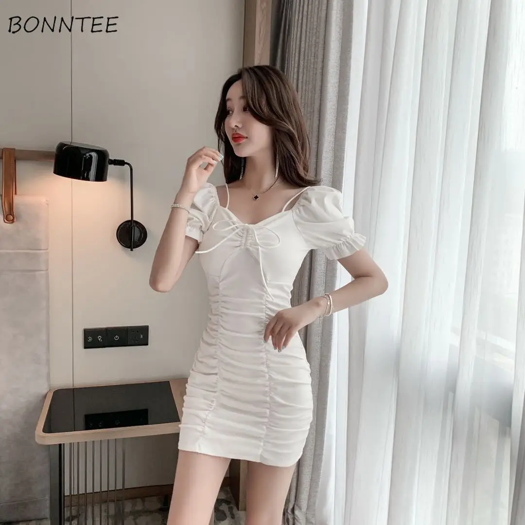 Women Dress Slash Neck Sexy Slim Short-sleeve Backless Bow Pleated Vestidos Mujer Daily Simple Attractive Summer Stylish Soft