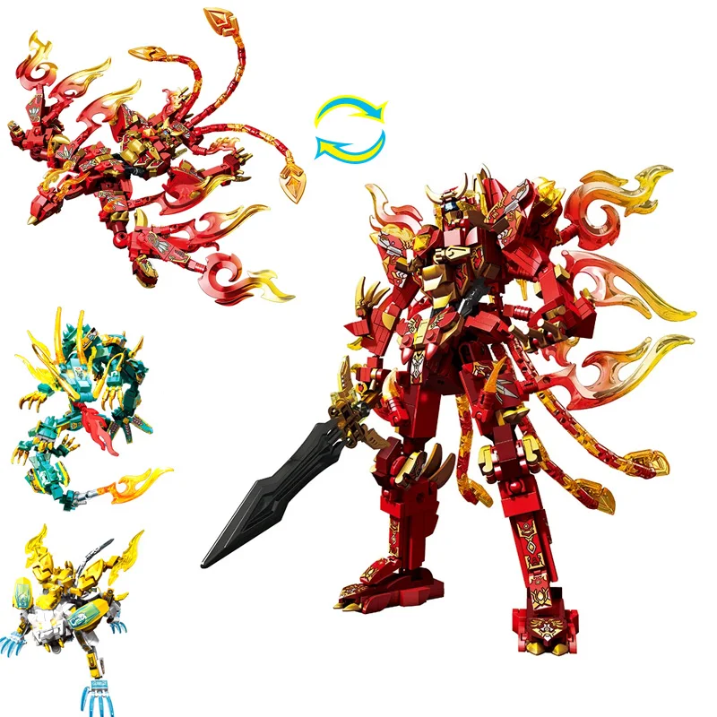 MOC – blocs de construction à deux animaux/Robot transformants, Kits assemblés pour garçons, oiseau vermillon/tigre/dragon Mecha, modèle de briques, jouets cadeaux