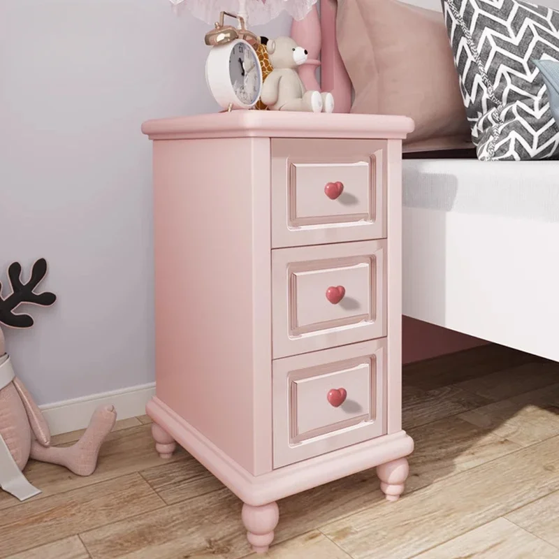 Mediterranean Bedside Table, Princess Pink Dresser,   Solid Wood Storage Cabinet  Vintage Nightstand with Heart-Shape Handle