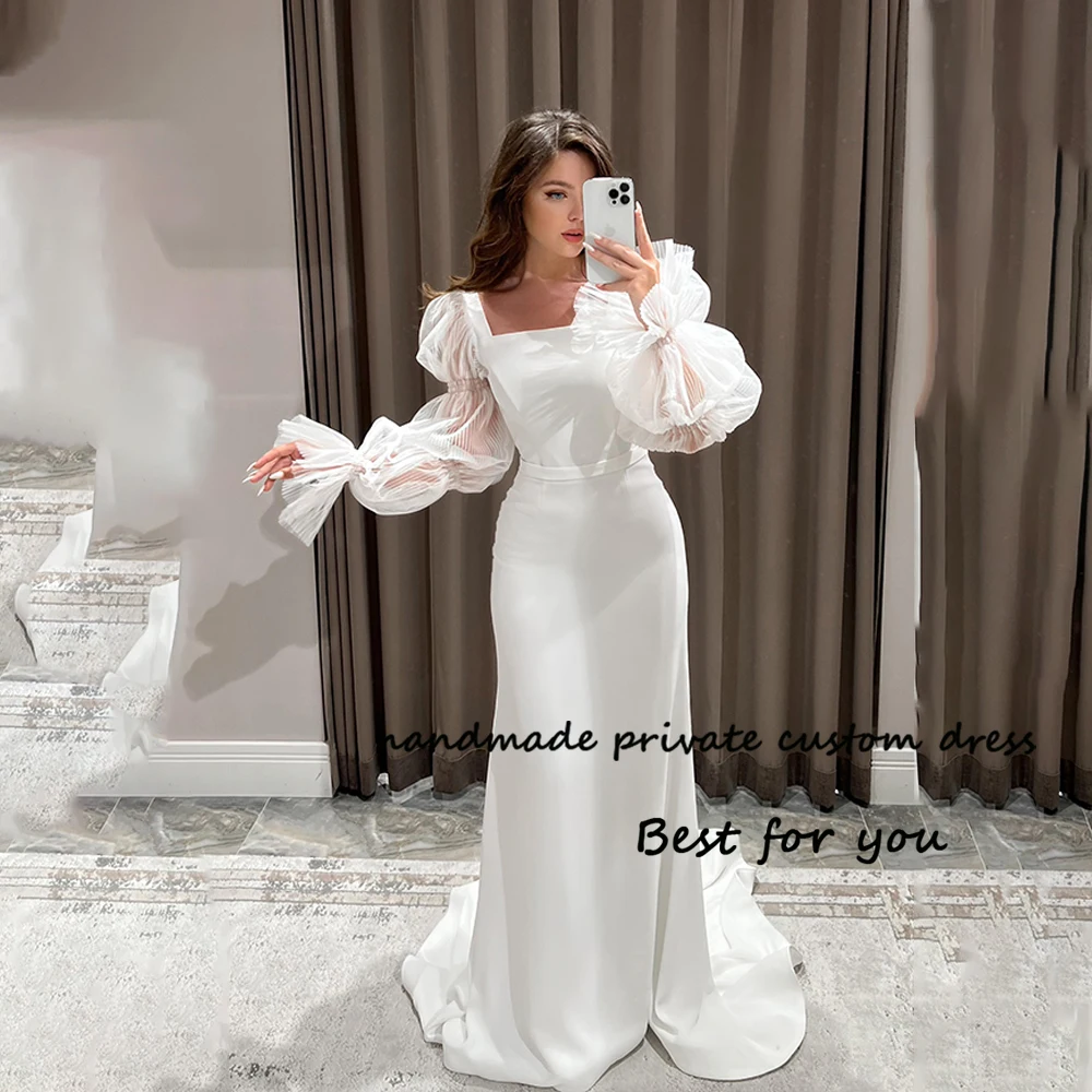 

White Satin Mermaid Wedding Dresses Long Sleeve Square Neck Bride Dress with Train Simple Civil Wedding Gowns for Women