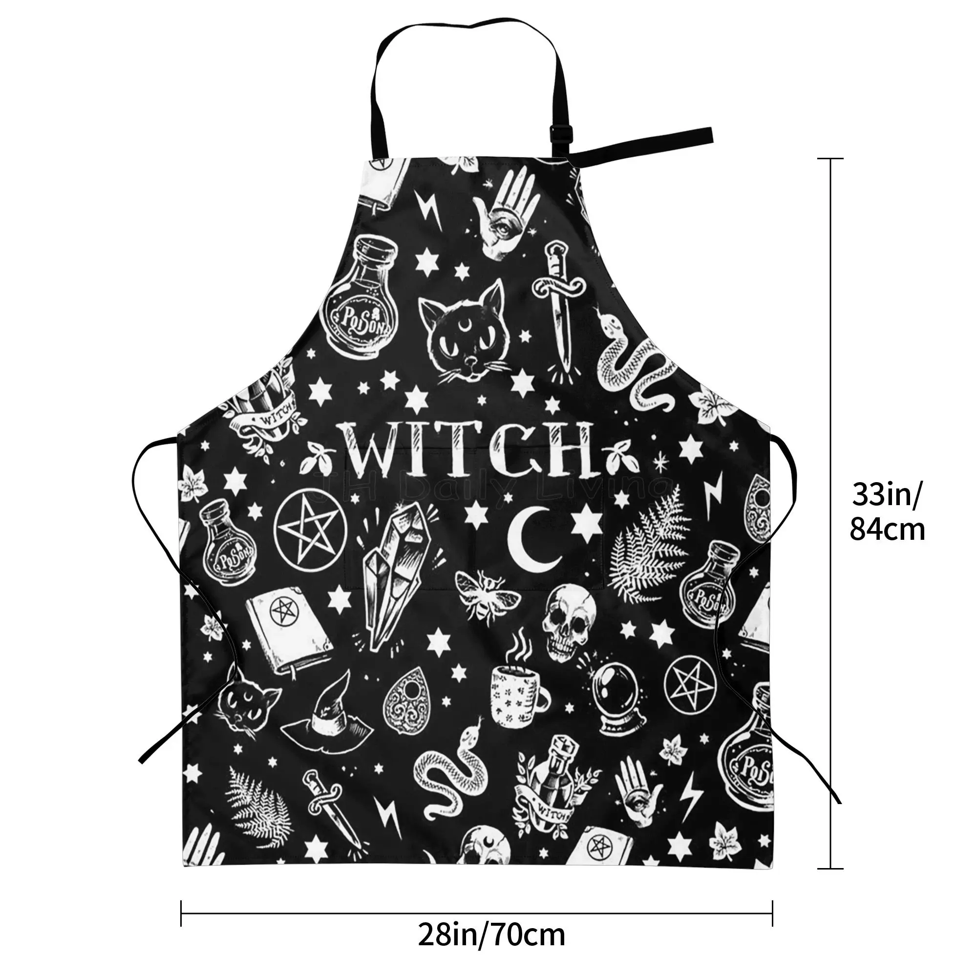 Black and White Witches Magic Tattoo Cat Snake Skull Moon Stab Magic Symbol Apron Unisex Waterproof Kitchen Aprons with Pocket