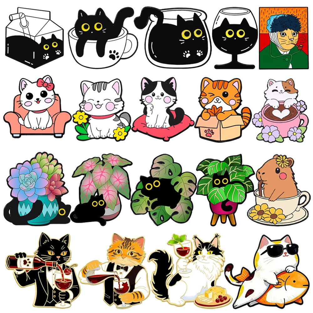 Cartoon Cat Theme Enamel Pins,Cute Potted Plant/Coffee Cup/Milk Dink/Waiter Cats Lapel Badges,Cute Animals Design,Fashion Jewely