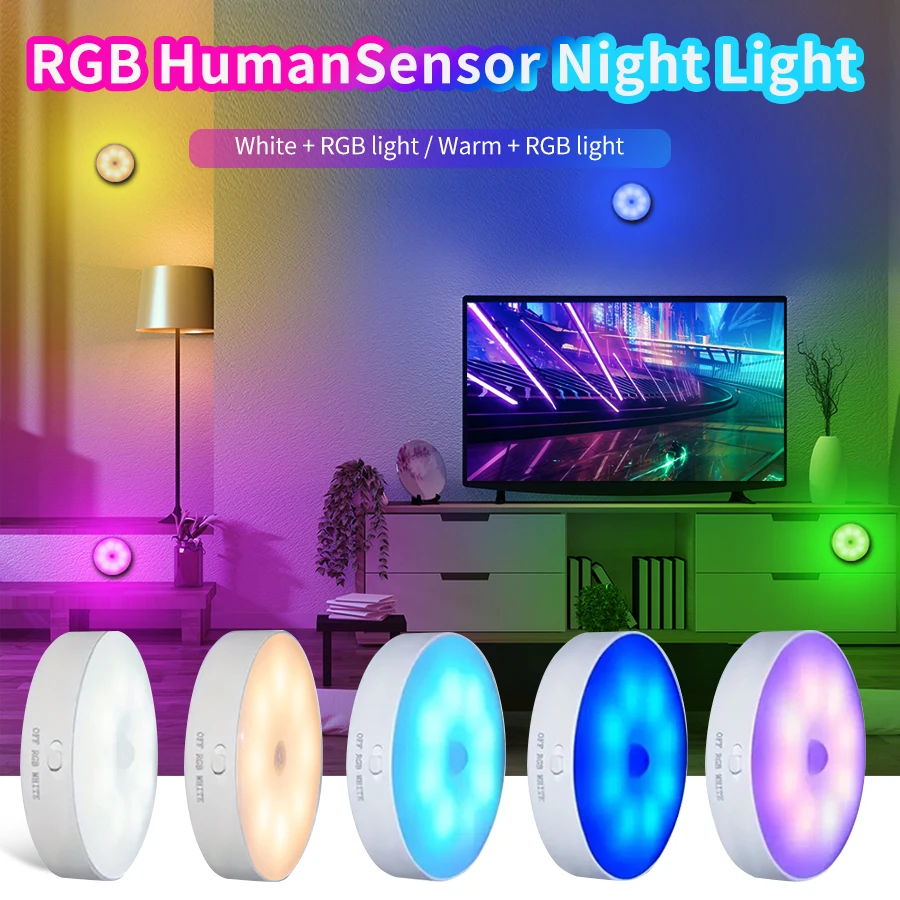 LED Motion Sensor Night Light Round RGB Cold Warm Light Magnetic Closet Light Living Room Kitchen Bedroom Night Ambient Lights