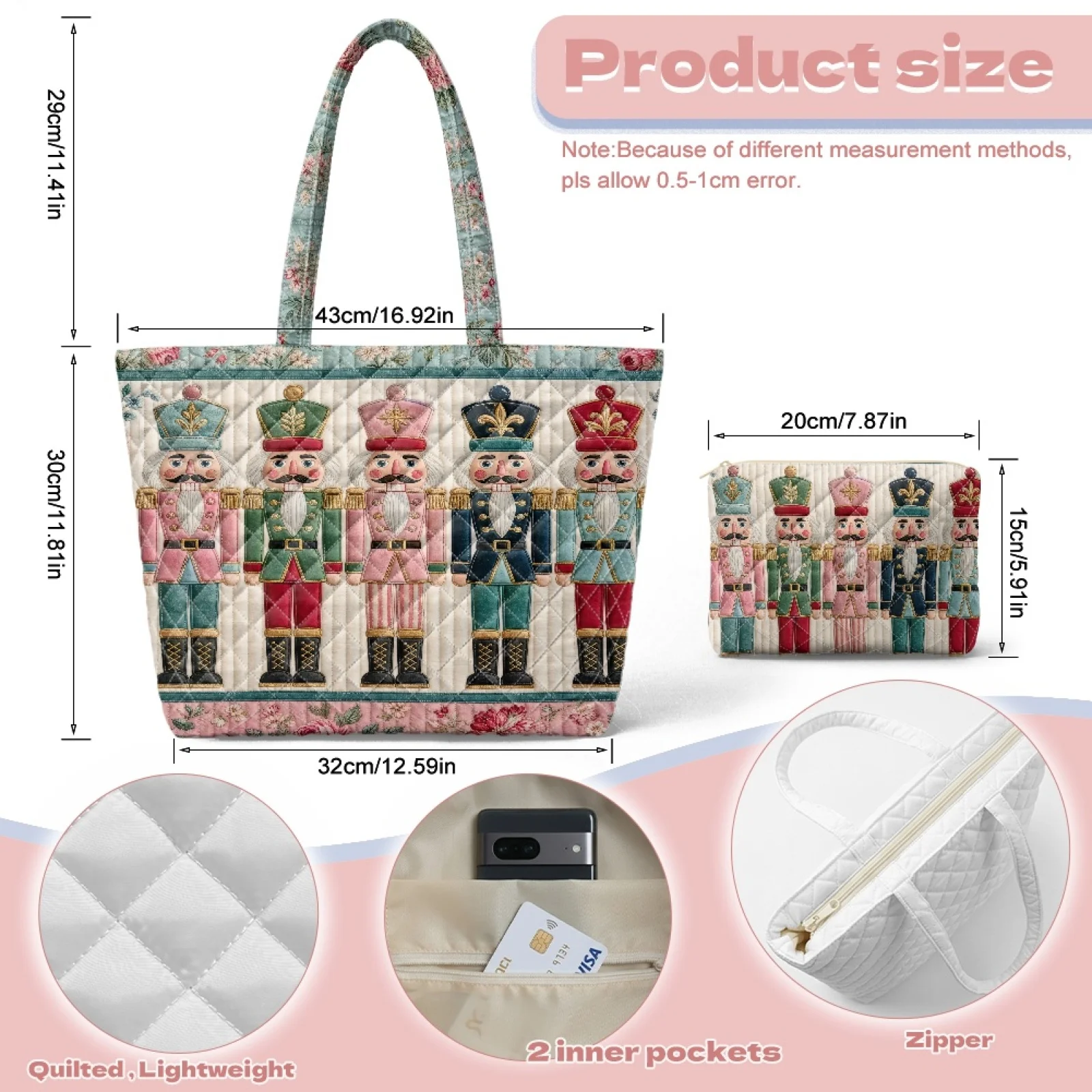 Coloranimal Nutcracker New Trend 2 Piece Quilted Shoulder Bag, Portable Tote Handbag with Cosmetic Pouch for Daily Excursions