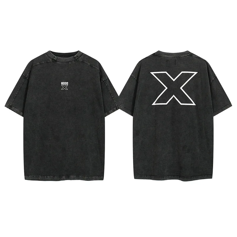 032C Fashion High Street do old X letter printed short sleeve lovers men and women loose round neck T-shirt casual half sleeve