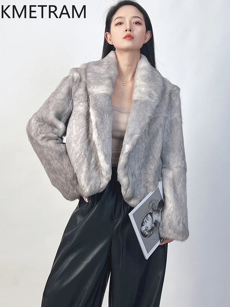 معطف فرو أرنب الثلج الأنجورا الطبيعي للنساء فاخر فضي ورمادي قصير معاطف من الفرو الحقيقي ملابس شتوية عالية الجودة للسيدات 2025 schuba