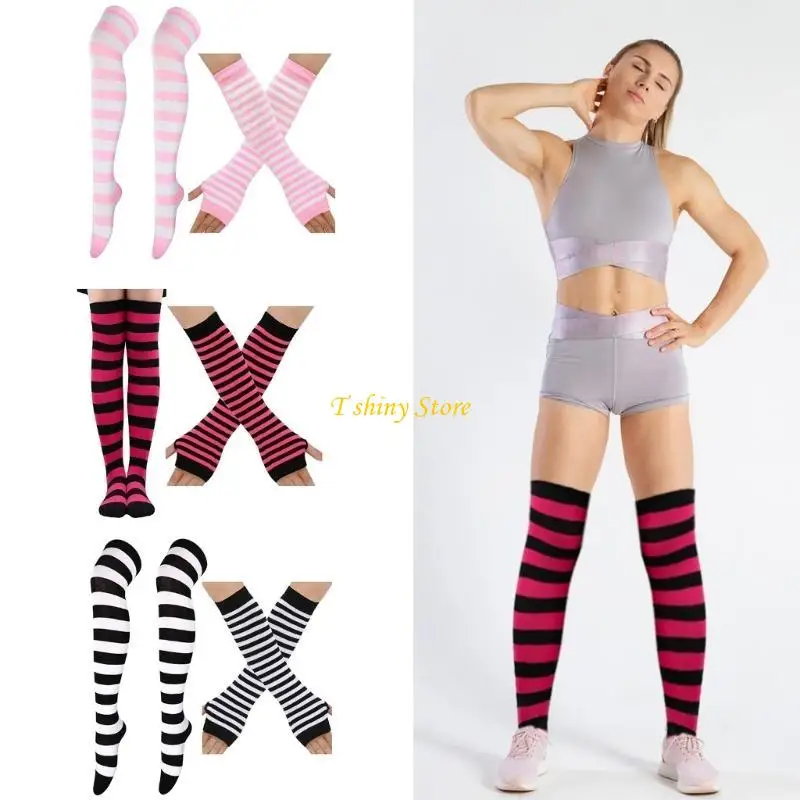 N58F Fingerless Gloves Stockings Festival Theme Party Bright Color Striped Costume