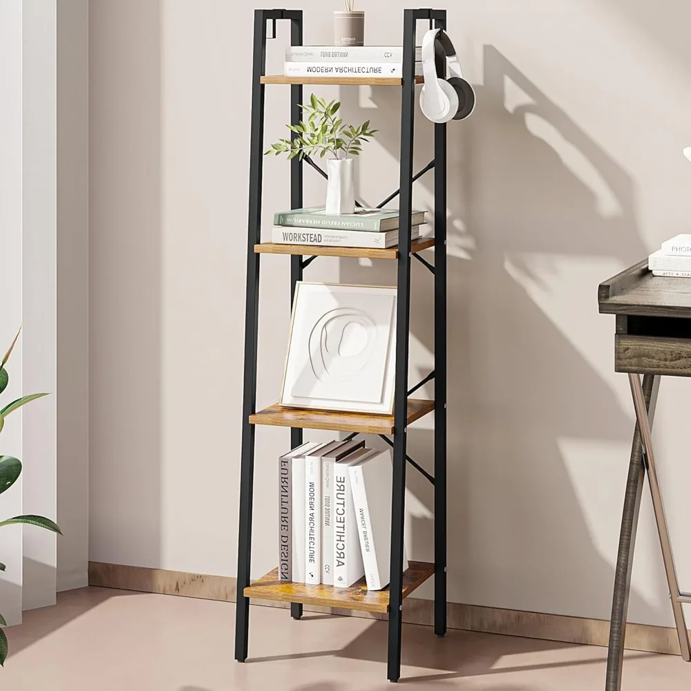 Ladder Shelf, Bookshelf Bookcase, Freestanding Corner Storage Shelve with 2 Hooks for Home Office, Living Room, Kitchen, Bedroom