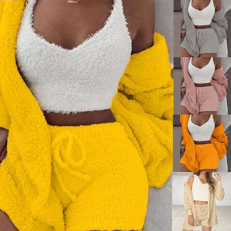 3 Pieces Fluffy Pajamas Set Women Casual Sleepwear Tank Top and Shorts Plus Size Hoodie Leisure Wearable as Outerwear Pijamas