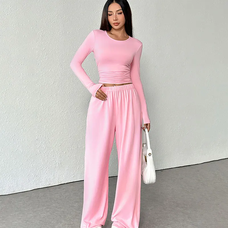 

Розовая милая женская модная уличная одежда из двух предметов, новая футболка с длинными рукавами и круглым вырезом, повседневные тонкие свободные брюки, элегантная женская одежда