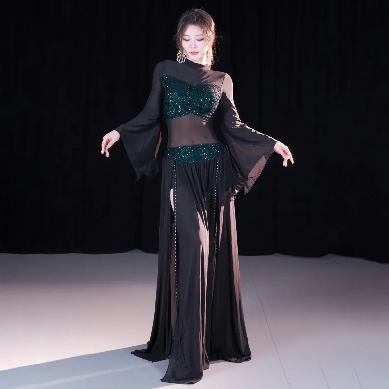 

Women Belly Dance Set Comfortable Sequin Mesh Top Long Skirt Suit Group Training Outfit Stage Performance Wear Clothing