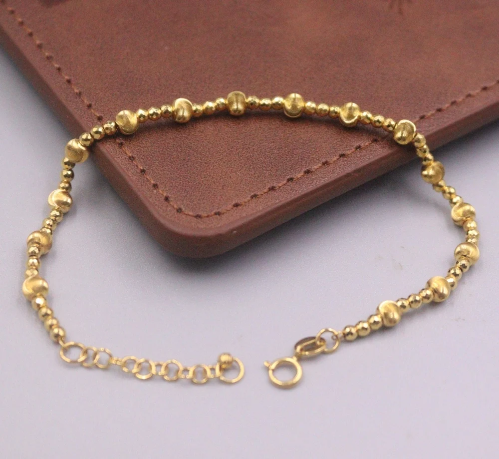 Real Pure 18K Yellow Gold Chain Women Gift Glossy Carved Beads Link Bracelet 4.6g  