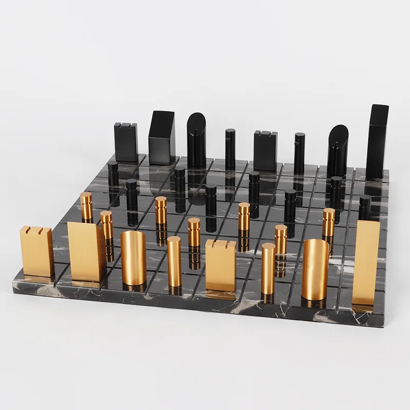 Modern Marble Chessboard with Abstract Chess Pieces, Nordic Minimalist Creative Style