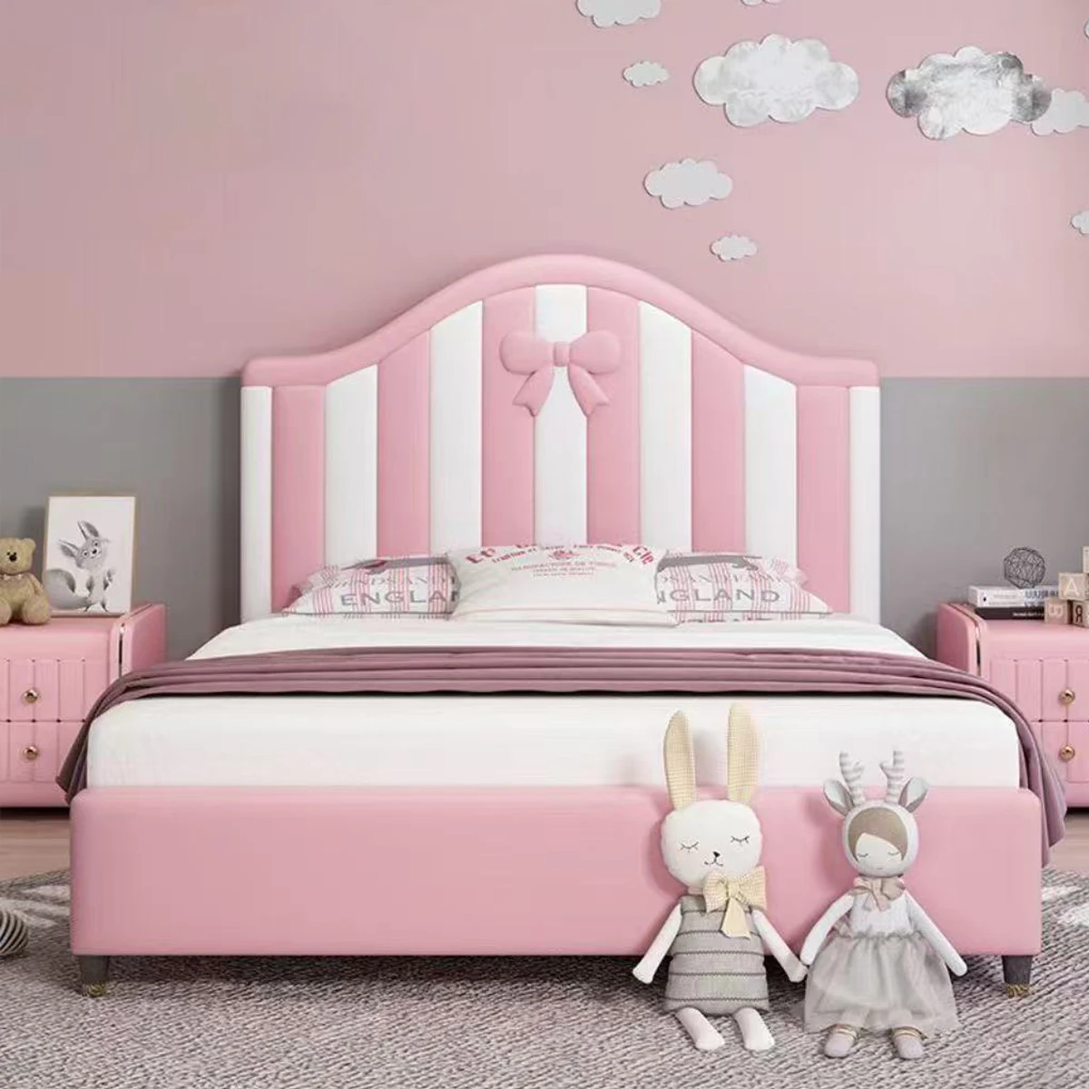 #For American retro classic children's bed modern pink children's leather bed high-end simple design home