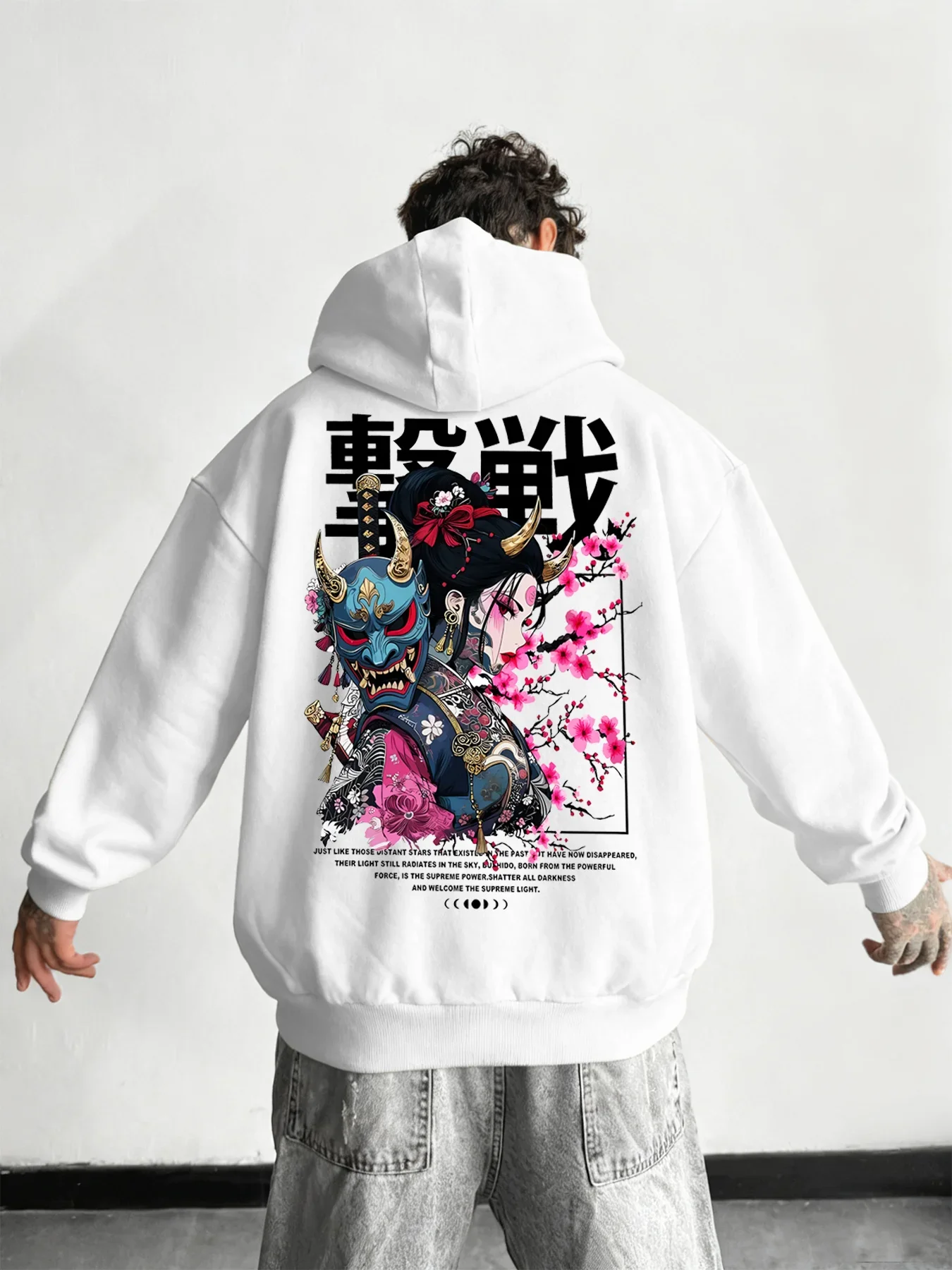 Men Japanese Oni Mask Hoodie Samurai Sakura Kanji Vintage Character Graphic Print Loose Fit Streetwear Pullover Sweatshirt