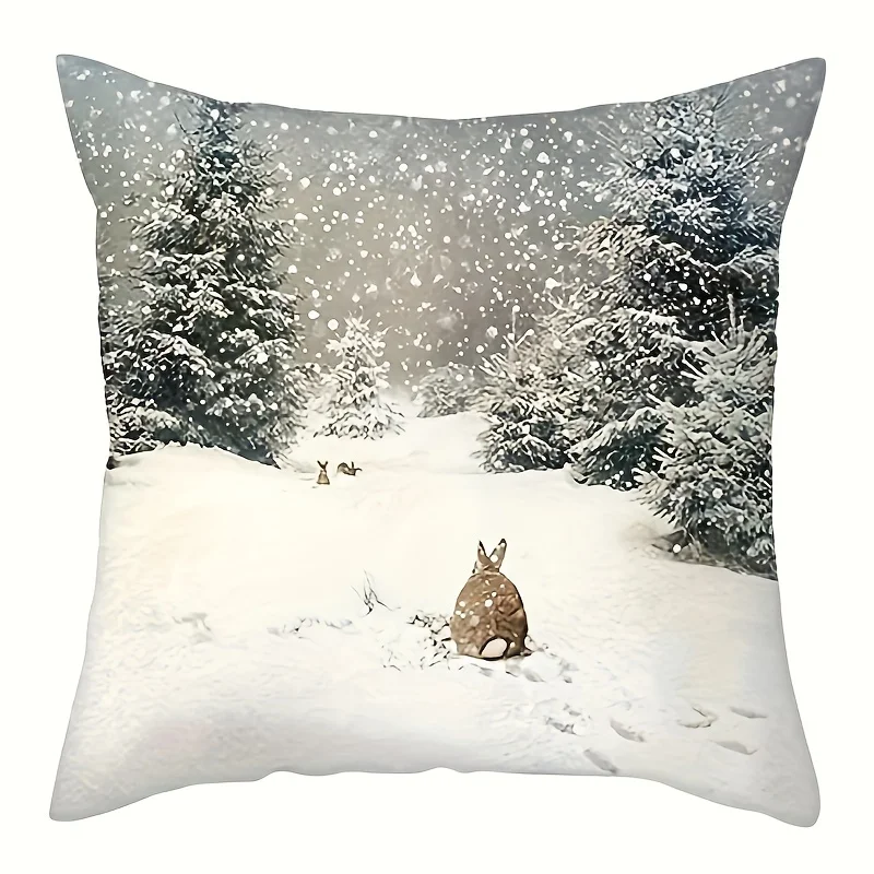 1pc Elegant Farmhouse Pillowcase Snowy Winter Landscape White Rabbit Print 45X45cm for Couch Sofa Decoration Cushion Cover