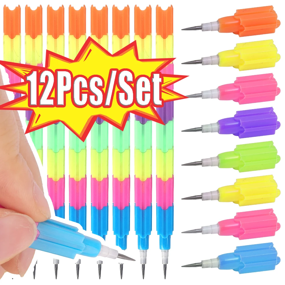 12 قطعة من مكعبات البناء الخالية من الشحذ، أقلام رصاص مرقعة قابلة للاستبدال، لوازم مكتبية للرسم للأطفال