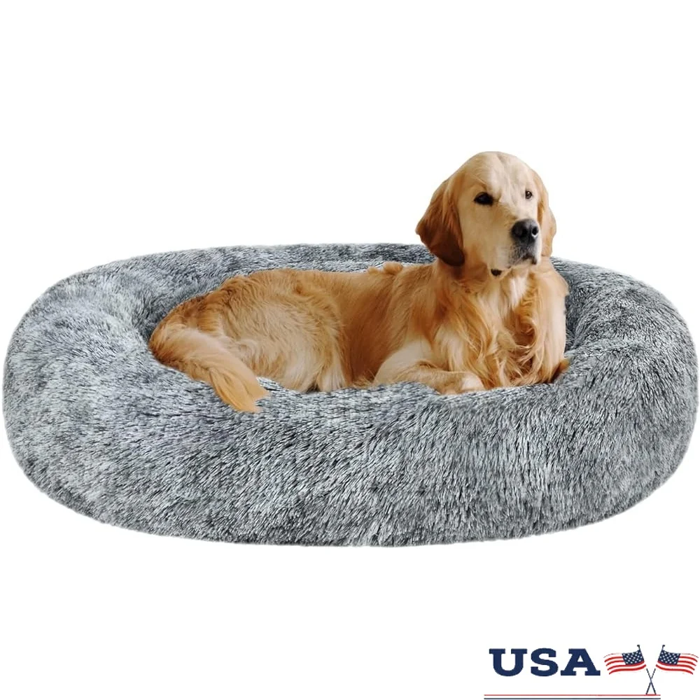 

Calming Donut Dog Bed Soft Faux Fur Round Pillow Non-Slip Washable Pet Bed Small Medium Large Dogs