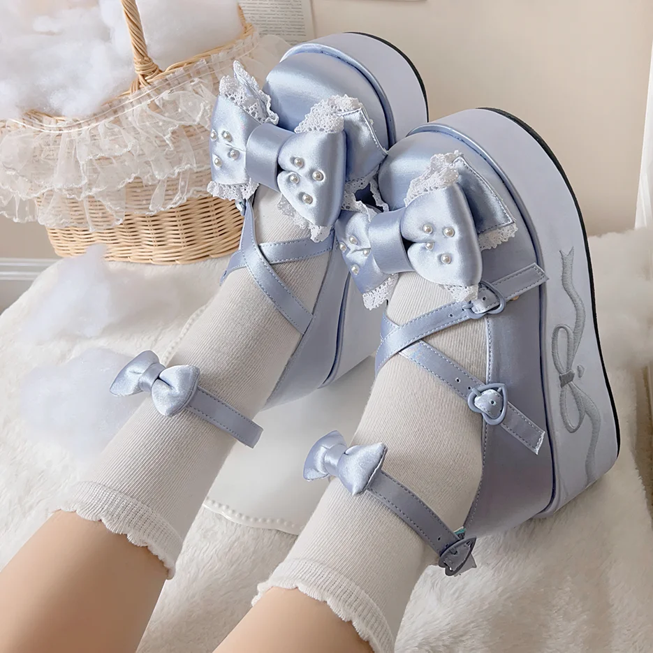 Sweet Cute Girls Platform Shoes Lolita Elegant CLA Women\'s Pearl Bead Bow Satin Thick Bottom Doll Shoes Pump High Heels