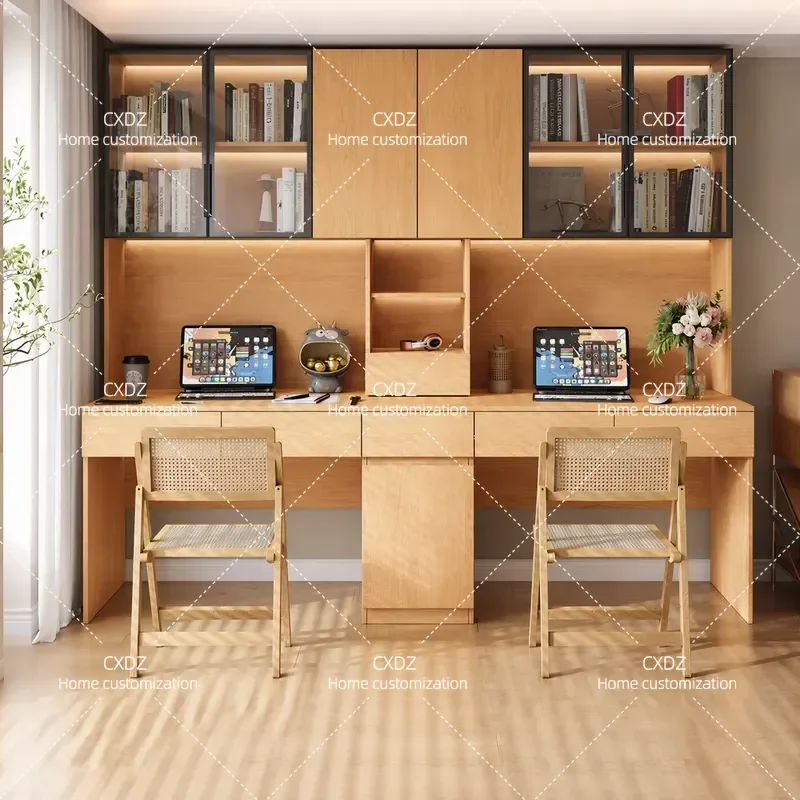 Oak Corner Desk with Integrated Bookcase Double Writing Table Solid Wood Glass Shelves Learning Computer Workstation