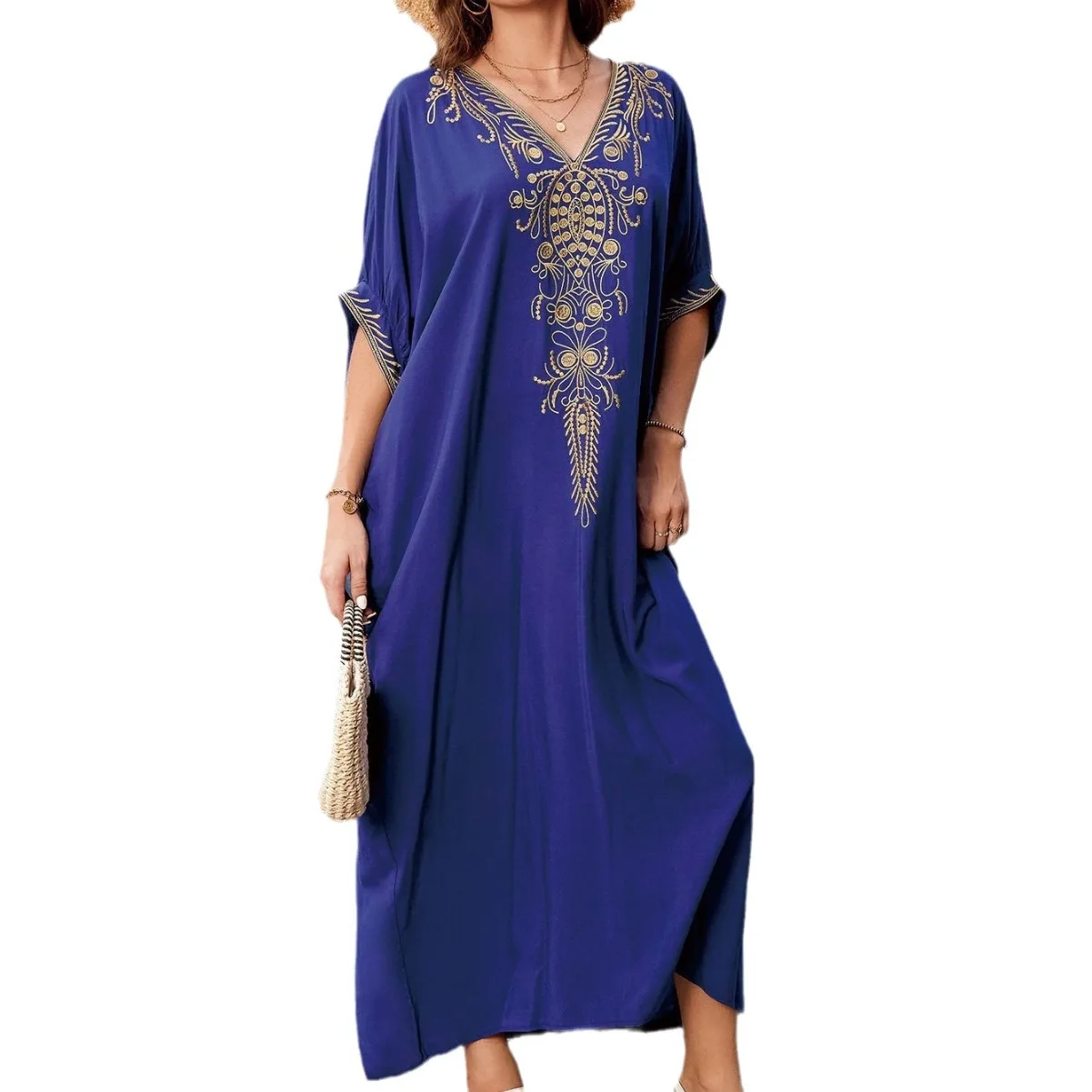 قفطان مطرز باللون الكحلي للنساء ، سترة للشاطئ ، ثوب فضفاض للبيكيني ، فستان للشاطئ ، سترة رشيق ، ملابس الشاطئ
