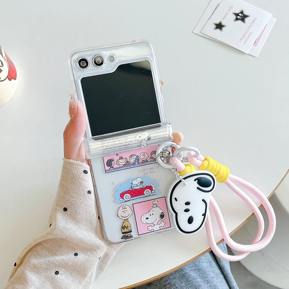 Cartoon Label Snoopies With Lanyard Phone Case for Samsung Galaxy Z Flip 3 4 Z Flip 5 6 5G PC Hard Anti-drop Back Cover Funda