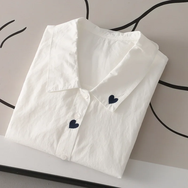 New Summer Cotton Short Sleeve Shirt Turn-down Collar Embroidery Tops Girl Sweet Simple Loose Blouses 2024 Autumn T47337QM