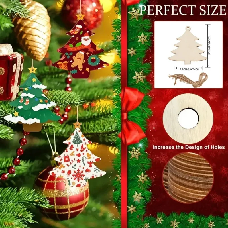 Paintable Blank Wooden christmas tree Festival Ornaments Xmas Tree Hanging Wood Slices for DIY Art Crafts Christmas Decoration