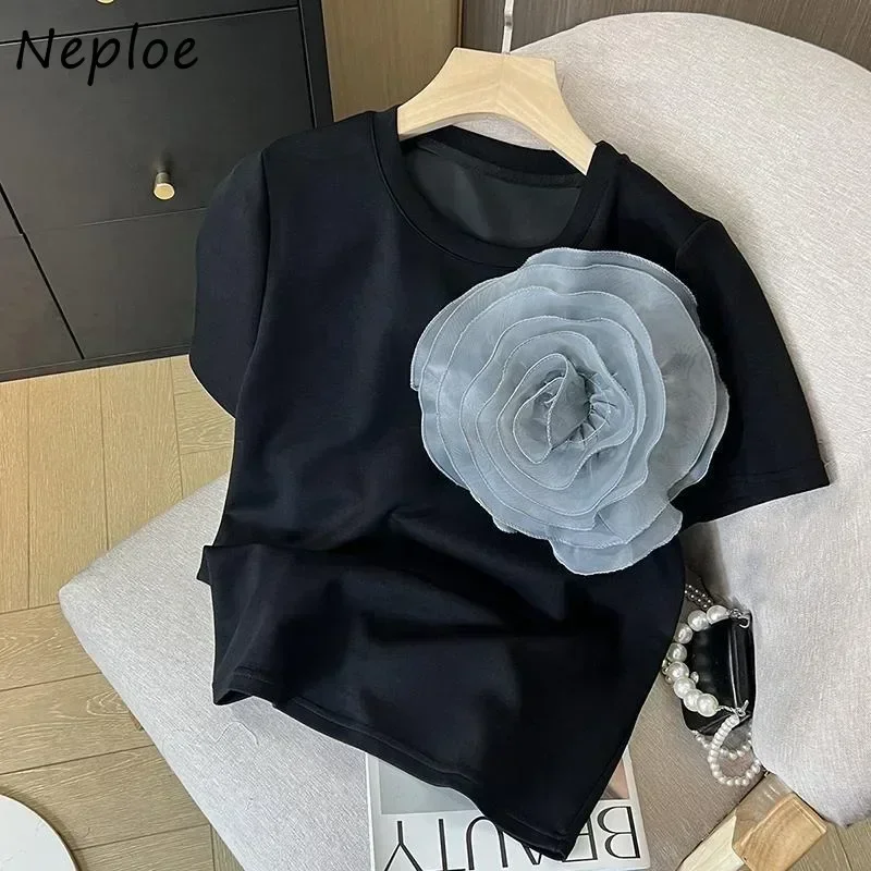 Neploe 2024 Summer New White Tops Women All-match Heavy 3D Flower O-neck T-shirts Y2k E-Girl Mid-length Loose Tee Shirt