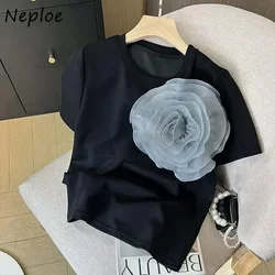 Neploe-女性用の大きな3DフラワーネックTシャツ,夏の白いトップス,ミドル丈,ルーズなTシャツ,すべてにマッチ,y2k,e-girl,new,2022