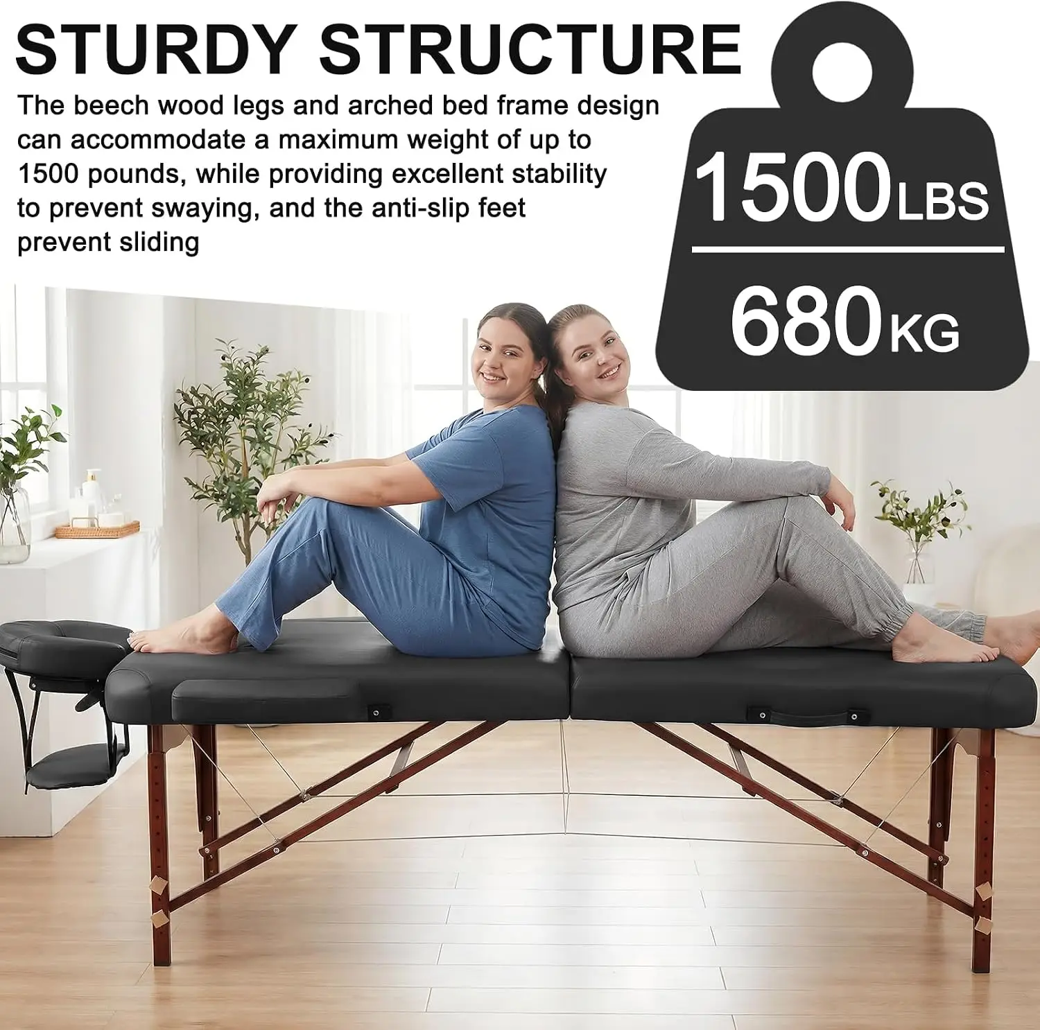 Massage Table Bed Foldable Beech Wood 1500lb, Memory Foam 4.33in, Portable