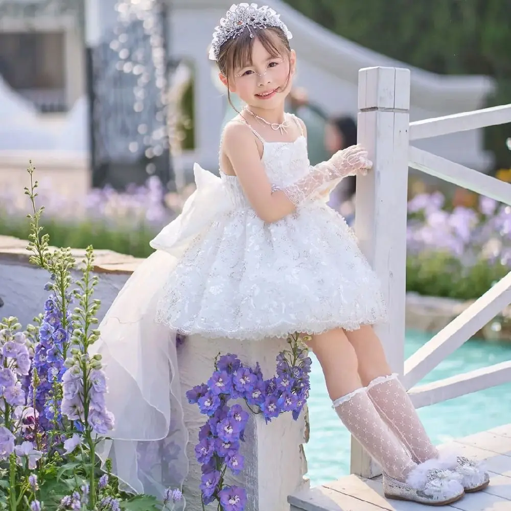 2Pairs White Children's Lace Gloves Bright Rhinestone Elegant Flower Girls Mittens Mesh Thin Performance Gloves Birthday Party