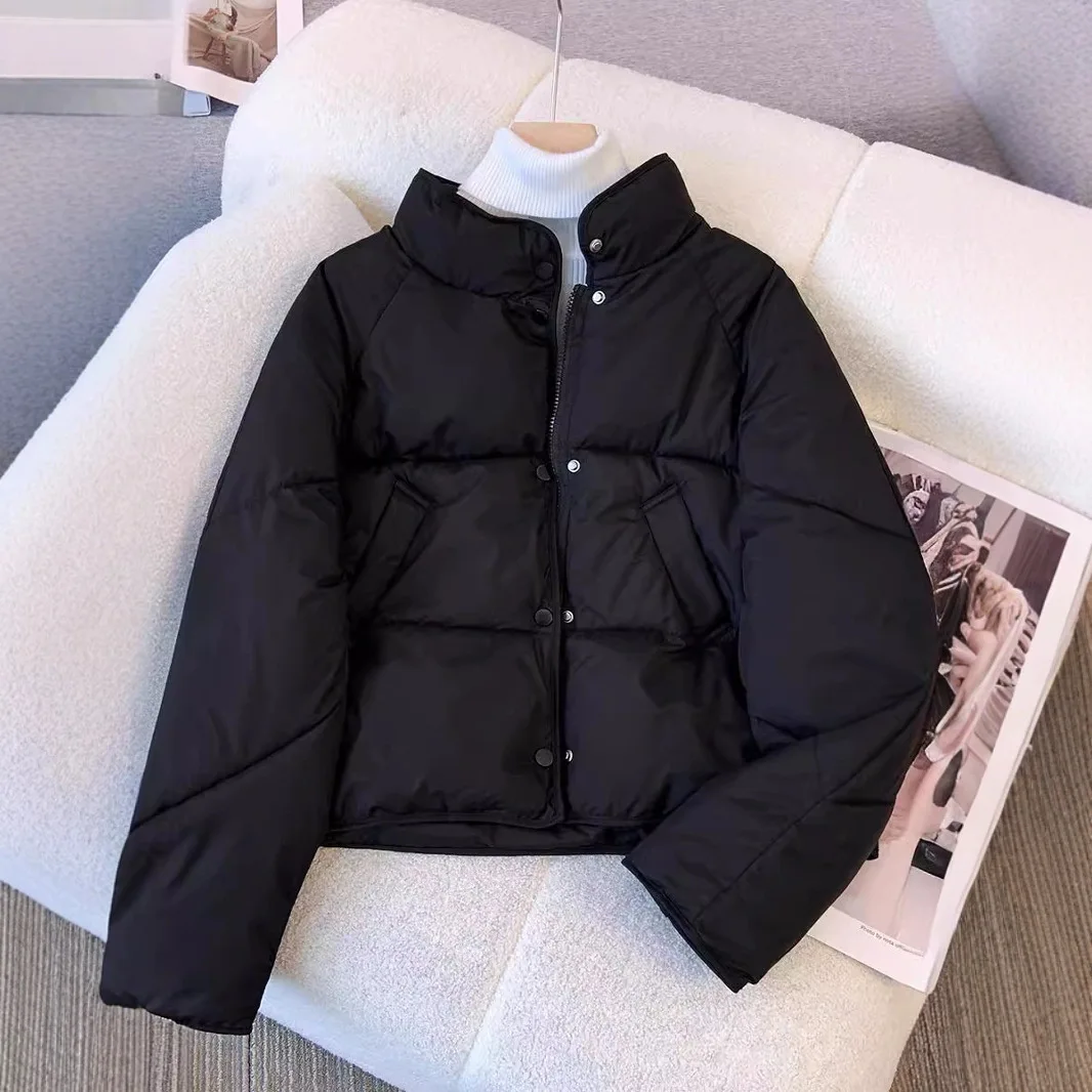Women Stand Collar Short Puffer Jacket Winter Warm Drawstring Hem Loose Casual Quilted Coat