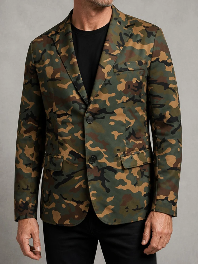 Men's Classic Camouflage Print Blazer Notched Lapel Single Breasted Military Style Slim Fit Casual Suit Jacket for Work Outdoor