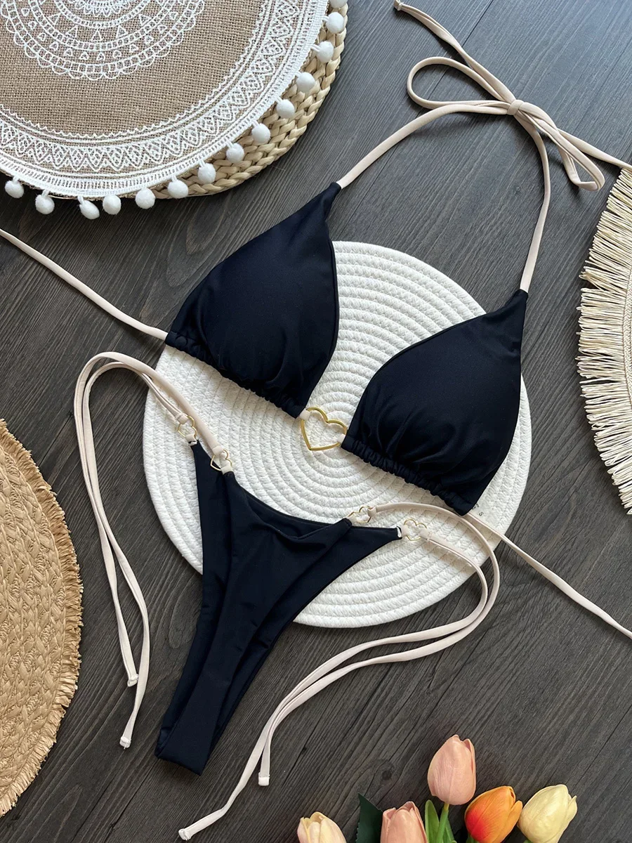 Metal Heart-shaped Halter Mini Micro Thong Bikini Female Swimsuit Women Swimwear Two-pieces Bikini Set Bather Bathing Suit Swim