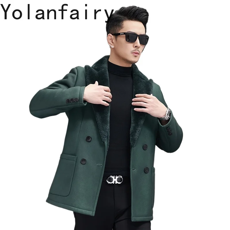 Yolanfairy jaquetas de pele de carneiro originais de alta qualidade para homens inverno casaco de pele de cordeiro merino verde escuro jaqueta de couro genuíno