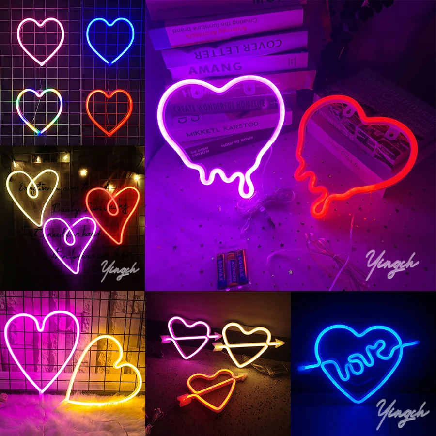 Cupid Arrow Heart Neon Light Sign LED Love Modeling Lamp Wall Decoration for Room Shop Party Gift USB & Battery Case