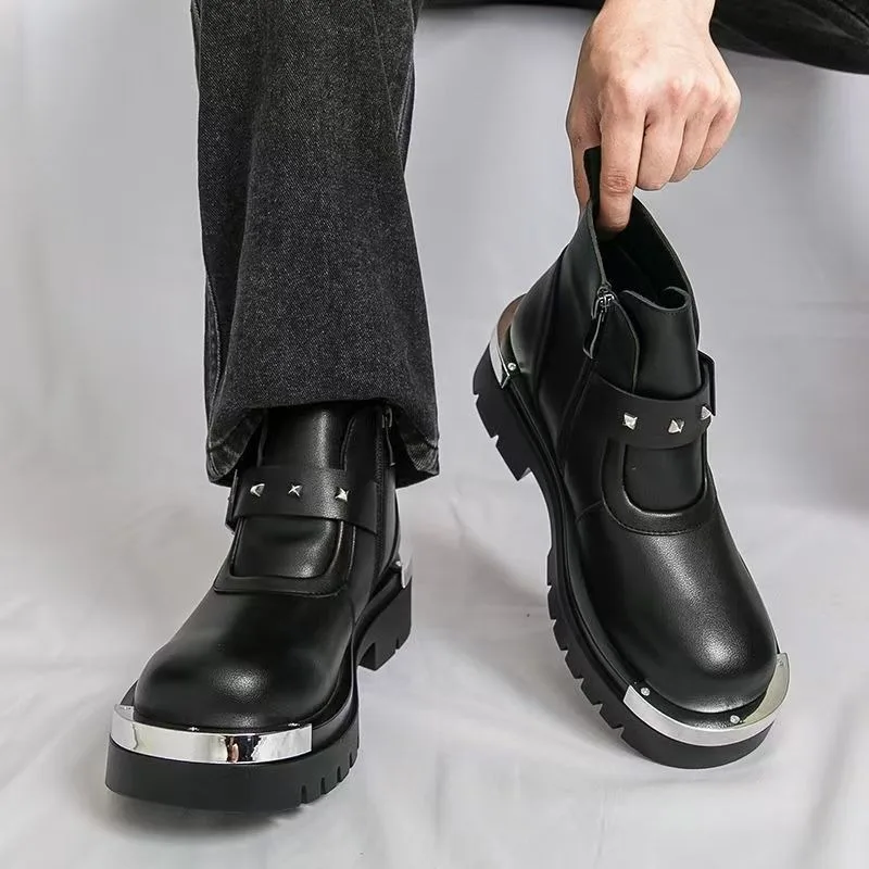 Fashion Black Men's High Top Multi Functional Casual Shoes with Rivet Metal Decoration Ankle Boots Business Motorcycle Boots