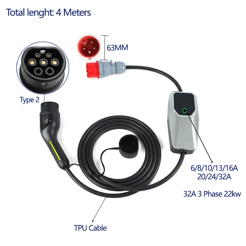 EV-oplader Type 2 Type 1 Oplaaddoos voor elektrische auto 6A-16A 10 meter 4 meter 1 fase 3 fase EVSE-oplaadkabel Modus 2