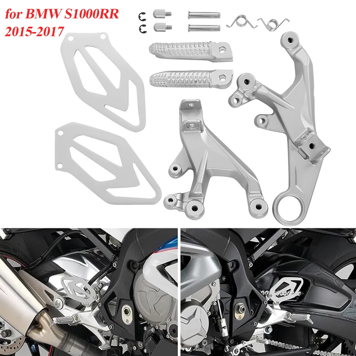 

For BMW S1000RR 2015 2016 2017 Motorcycle Silver Front Driver Footrest FootPegs Bracket Foot Rest Set Aluminum