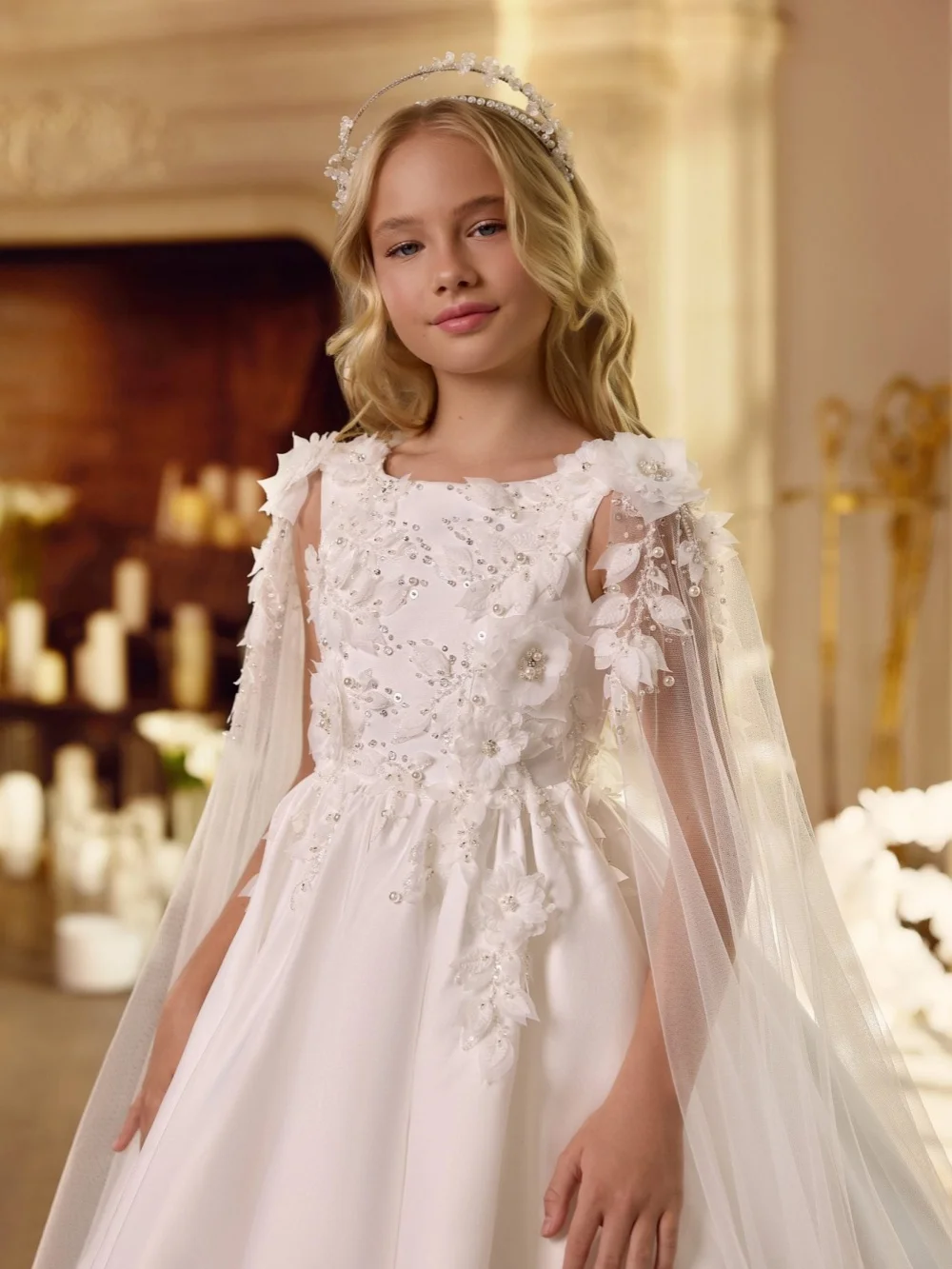 White Lace Flower Girl Dress With Cape Opulent Pearls Satin Princess Gown Kid First Communion Dresses For Wedding Birthday Party