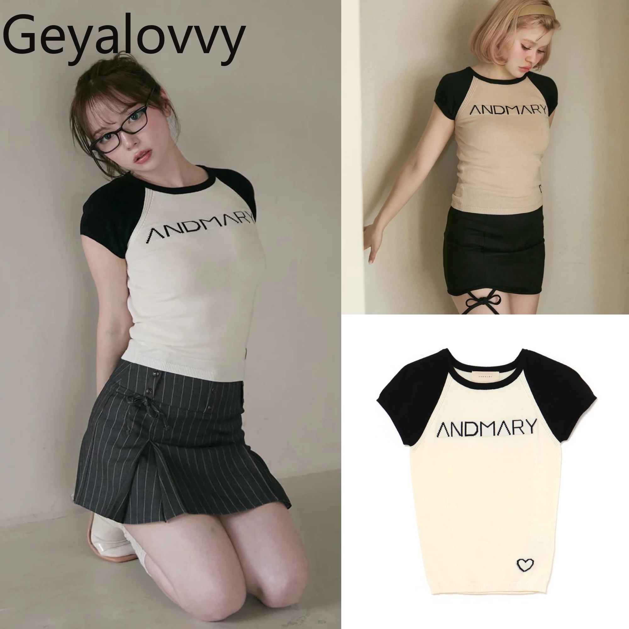 

Cewk Neck Tshirt 2025 Summer New Casual Tees Japanese Sweet Color-Block Letter Short Sleeve T-Shirt Women Slim Fit Ladies Tops