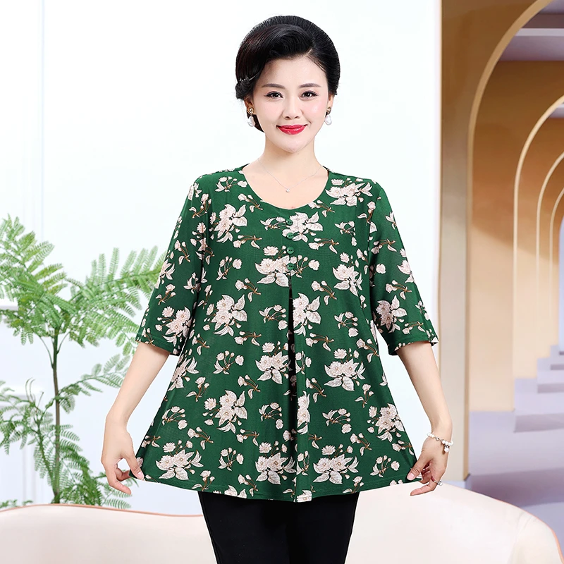 Round Necked Pleated Blouse Summer Loose T-shirt 2024 New Plus Size Shirt Flower Pattern Short Sleeved Women\'s Clothing