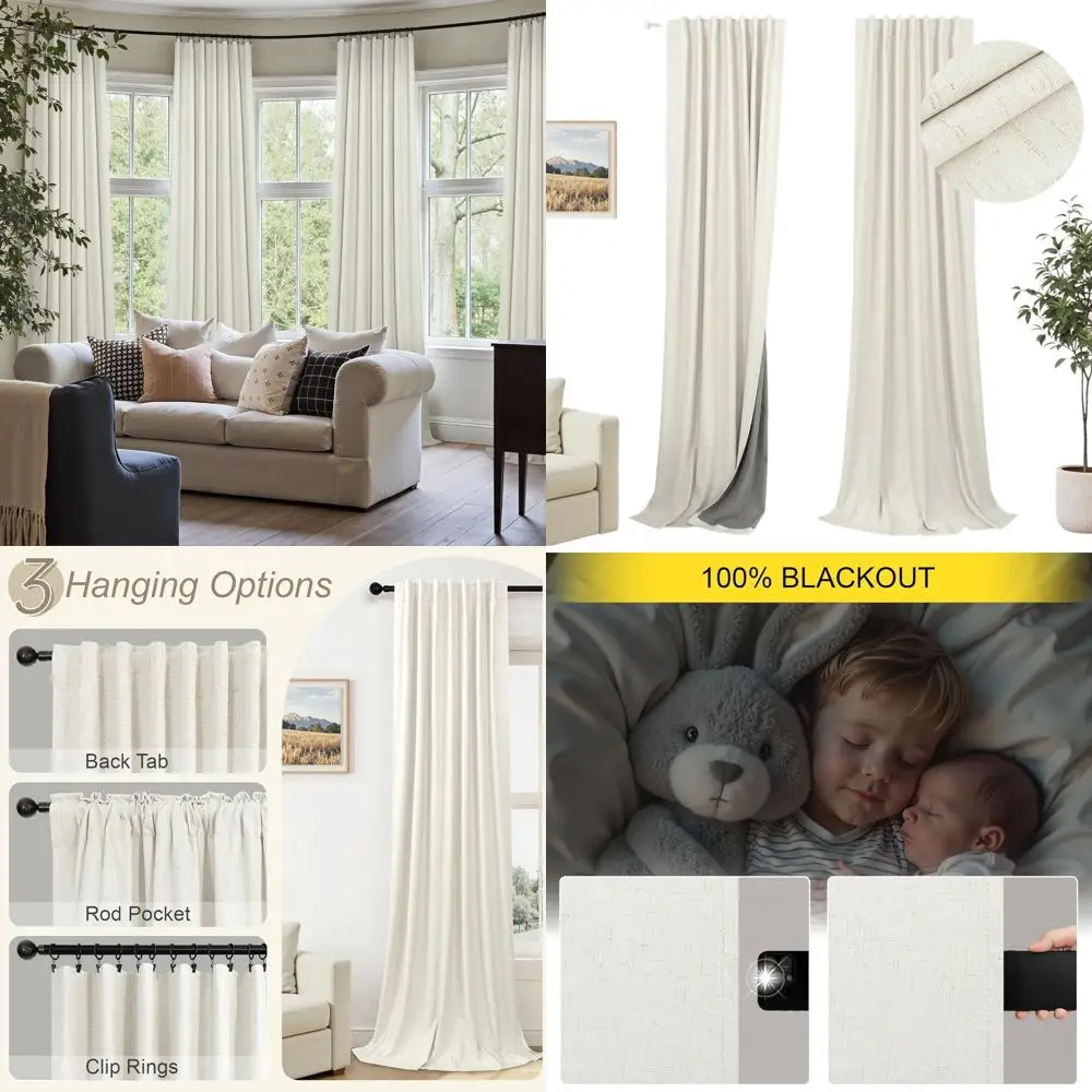 

Cream Faux Linen Pleated Rod Pocket Curtains, 98 Length, 2-Panel Set for Modern Farmhouse Style Darkening Bedroom or Room Divide